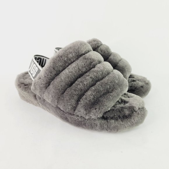 UGG Fluff Yeah 1095119 Womens Sz 8 Charcoal Gray Slingback Slides Sandals - Picture 1 of 11